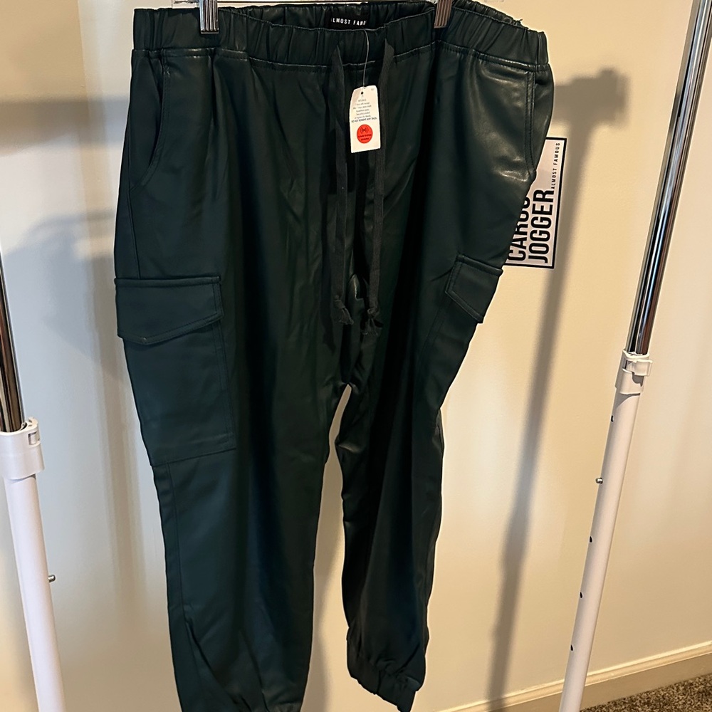 Almost Famous Pleather Hunter Green Cargo Joggers NWT 2x